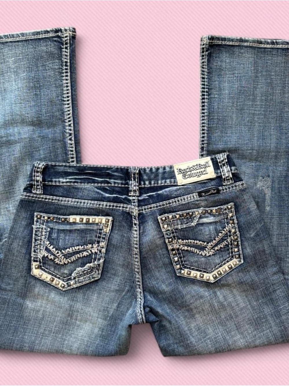 Rock & Roll Cowgirl Distressed Blue Embellished Bootcut Jeans